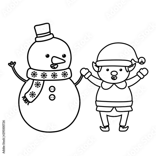 snowman and elf holding hands decoration merry christmas line style