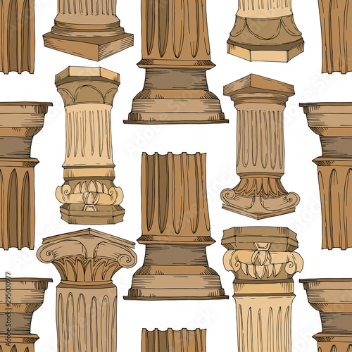 Vector Antique greek columns. Black and white engraved ink art. Seamless background pattern.