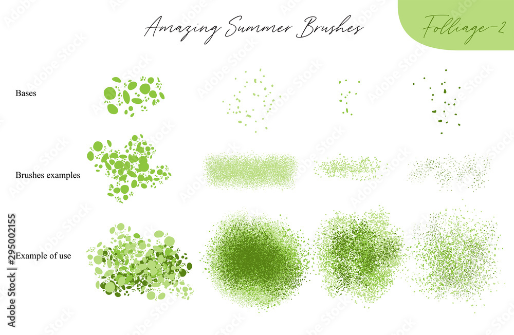Set of summer vector foliage ecology brushes - silhouettes of summer leaves, foliage of trees, different greenery types isolated on white, vector illustration brush nature collection