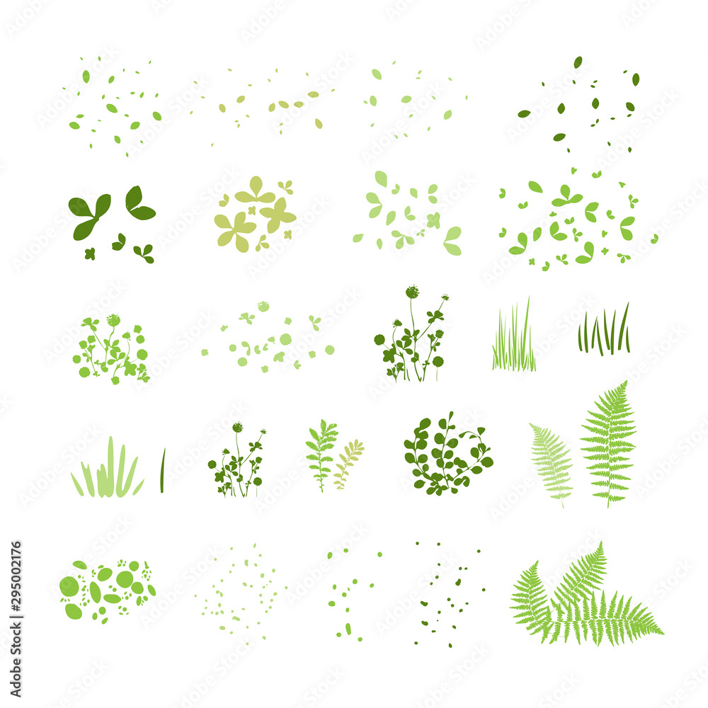 Set of silhouettes of summer grass, leaves, foliage of trees, different greenery types isolated on white, vector illustration collection