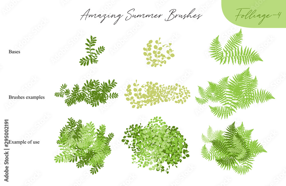 Set of summer vector foliage ecology tropical brushes - silhouettes of summer leaves, foliage of trees, different greenery types isolated on white, vector illustration brush nature collection