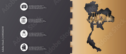 Thailand Travel Postcard, poster, tour advertising of world famous landmarks of Thailand in paper cut style. Vector illustration.