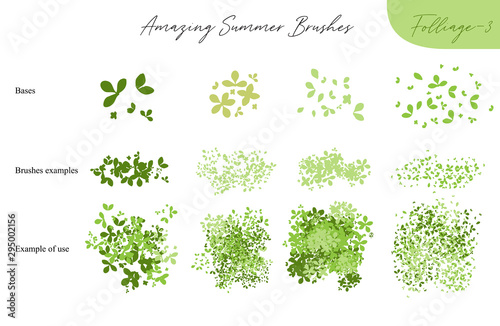 Set of summer vector foliage ecology brushes - silhouettes of summer leaves, foliage of trees, different greenery types isolated on white, vector illustration brush nature collection photo