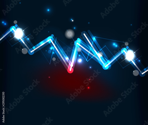 Neon zig zag lines, glowing spark trail tracing effect on black background. Neon glitters