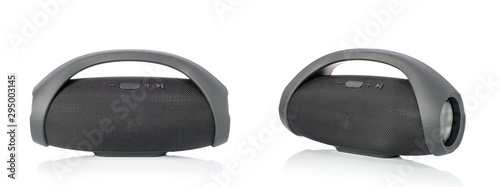 Foto Black wireless portable bluetooth speaker, Mobile speaker isolated on white