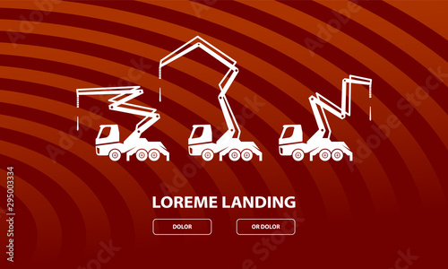 Concrete pump trucks set and different work positions. Construction machinery illustration for landing page template.