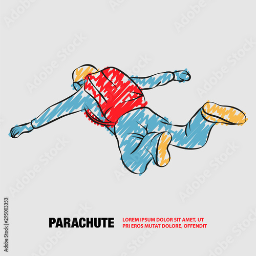 Skydiver jumps with open arms. Vector outline of paratrooper with scribble doodles.