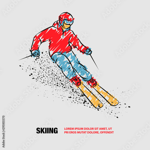 Skier on a mountain slope with snow spray. Vector outline of skiing with scribble doodles.