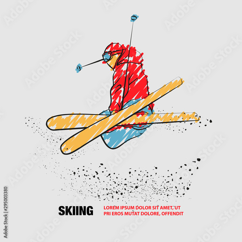 Skiing freestyle athlete in fly position with cross skis figure. Vector outline of Skiing freestyle with scribble doodles.