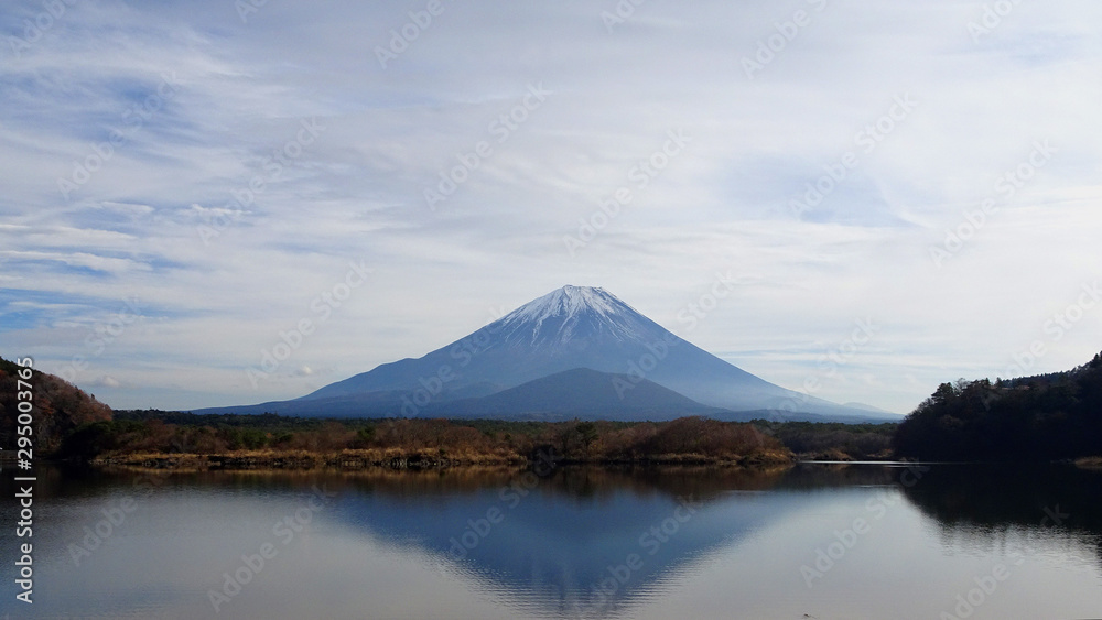 空をコピースペースにした逆さ富士の横長写真