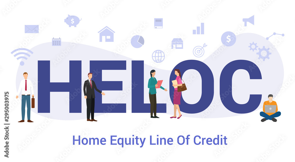 heloc home equity line of credit concept with big word or text and team people with modern flat style - vector heloc home equity line of credit concept with big word or text and team people with modern flat style - vector