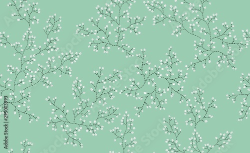 Seamless vector print with flowers. Green background color.