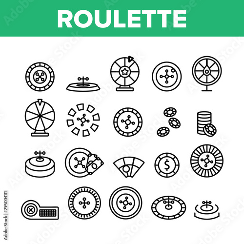 Roulette Collection Elements Icons Set Vector Thin Line. Casino Roulette, Fortune Wheel Gamble Game Gambling Chips And Dollar Mark Concept Linear Pictograms. Monochrome Contour Illustrations