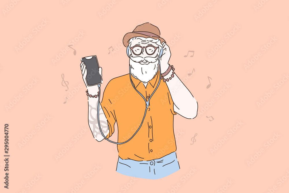 Vigorous old age, young in heart elderly person concept. Old hipster listening to music, stylish bearded man in hat and headphones holding smartphone. Simple flat vector