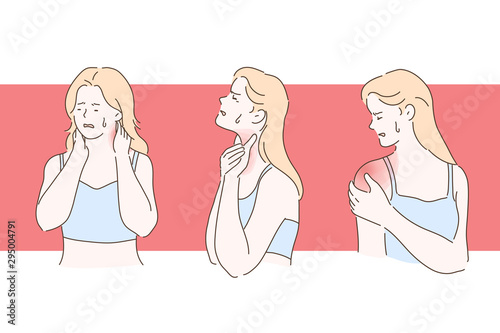Young girl with arthralgia concept. Patient with sore throat, stretched neck muscles and painful joints inflammation, woman suffering from pain set. Simple flat vector