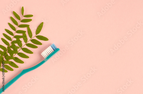 Colored toothbrushes composition on pink background. Flat lay.