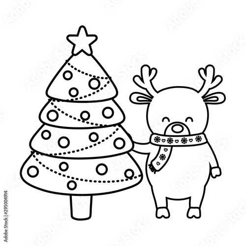 reindeer with tree balls decoration merry christmas line style