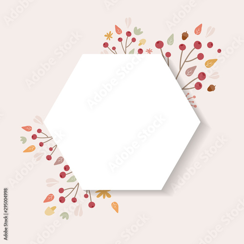 Autumn background. Hand drawn elements frame with autumnal colors on cream background. Fruits, seeds, flowers, leaves, mushrooms, branch, acorns around a hexagon. Vector illustration, flat design