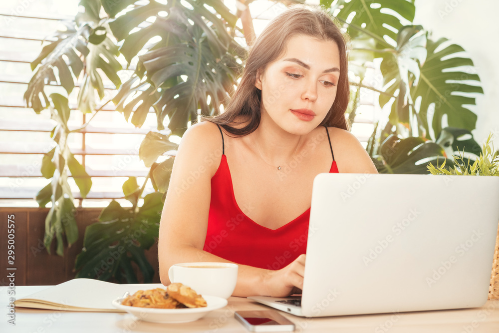 Young woman using laptop at home or in cafe Young woman using laptop at home or in cafe