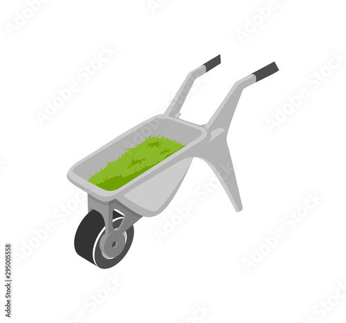 Metal wheelbarrow full of grass vector icon isolated on white. Farming equipment cart with one wheel and handles for carrying goods, working on farm