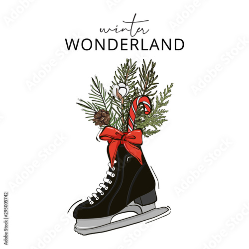 Holiday decoration skate with fir branches, striped candy and big bow Christmas greeting card art. New Year vintage template, Xmas hand-drawn art in vector
