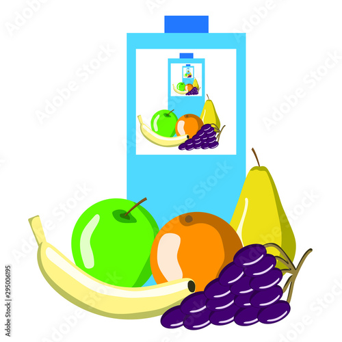 Fruits grapes Apple banana pear and orange with a juice box which shows the same fruit