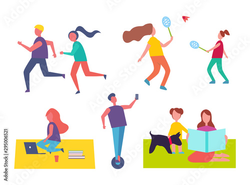 Run and playing tennis isolated icons. Running couple, man on hoverboard scooter. Mother and child on blanket sitting with pet. Freelance woman vector