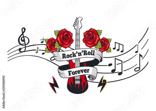Rock n roll forever, electric guitar with roses and banner with text vector. Notation, music sheet with notes and sounds. Lightning string instrument