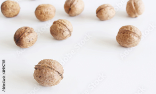 Autumn composition. Walnuts isolated on a white background.Vegetarian food.Flat lay, top view. Vegetarian food. Fall design.
