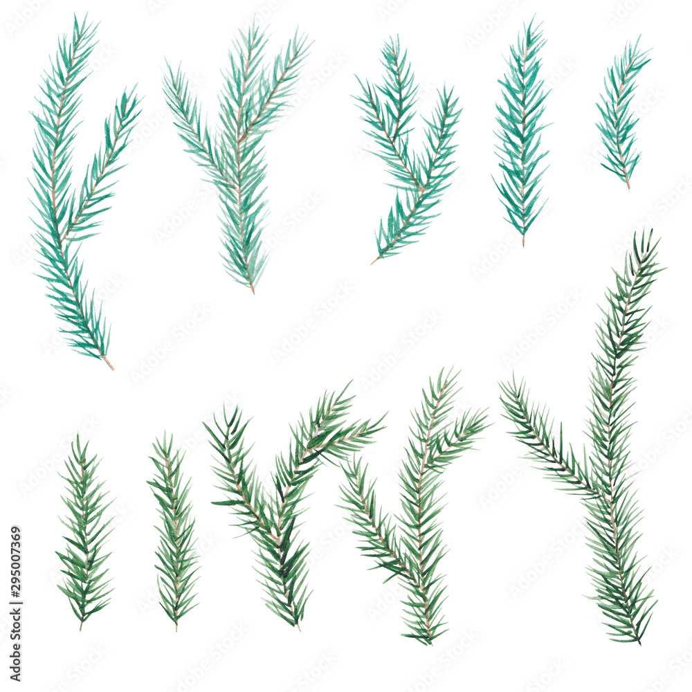 Watercolor Christmas tree branches. Green and blue New Year fir boarders. Hand drawn illustration for cards, posters, prints and other design.