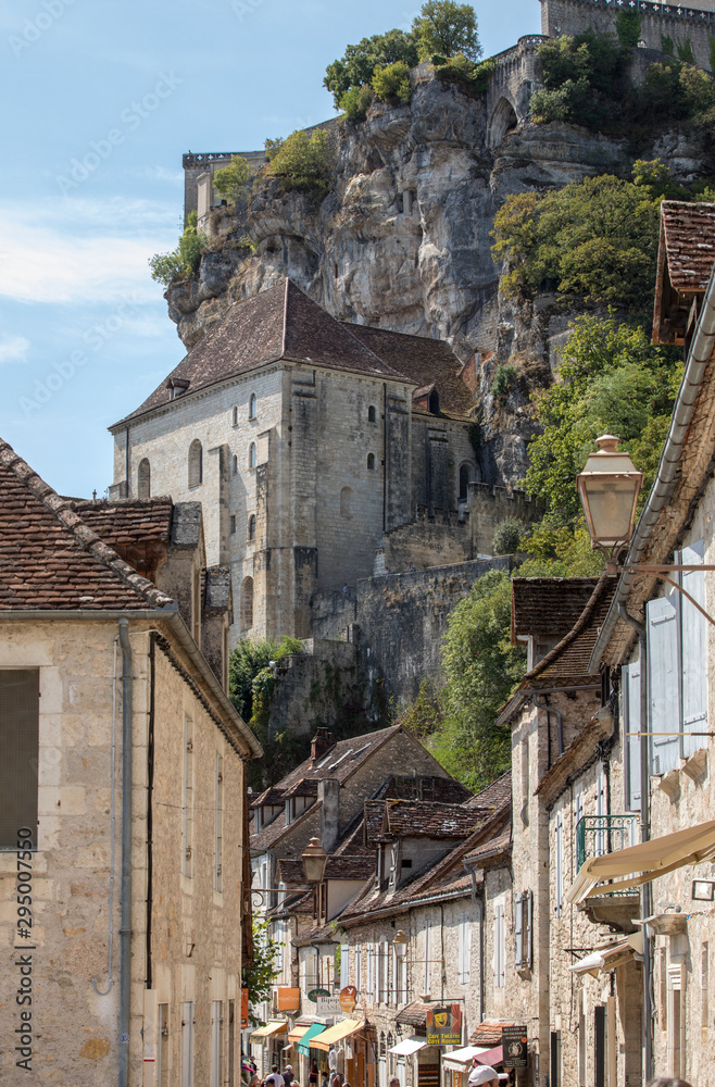 Rocamadour, France - September 3, 2018: Pilgrimage town of Rocamadour, Episcopal city and sanctuary of the Blessed Virgin Mary, Lot, Midi-Pyrenees, France