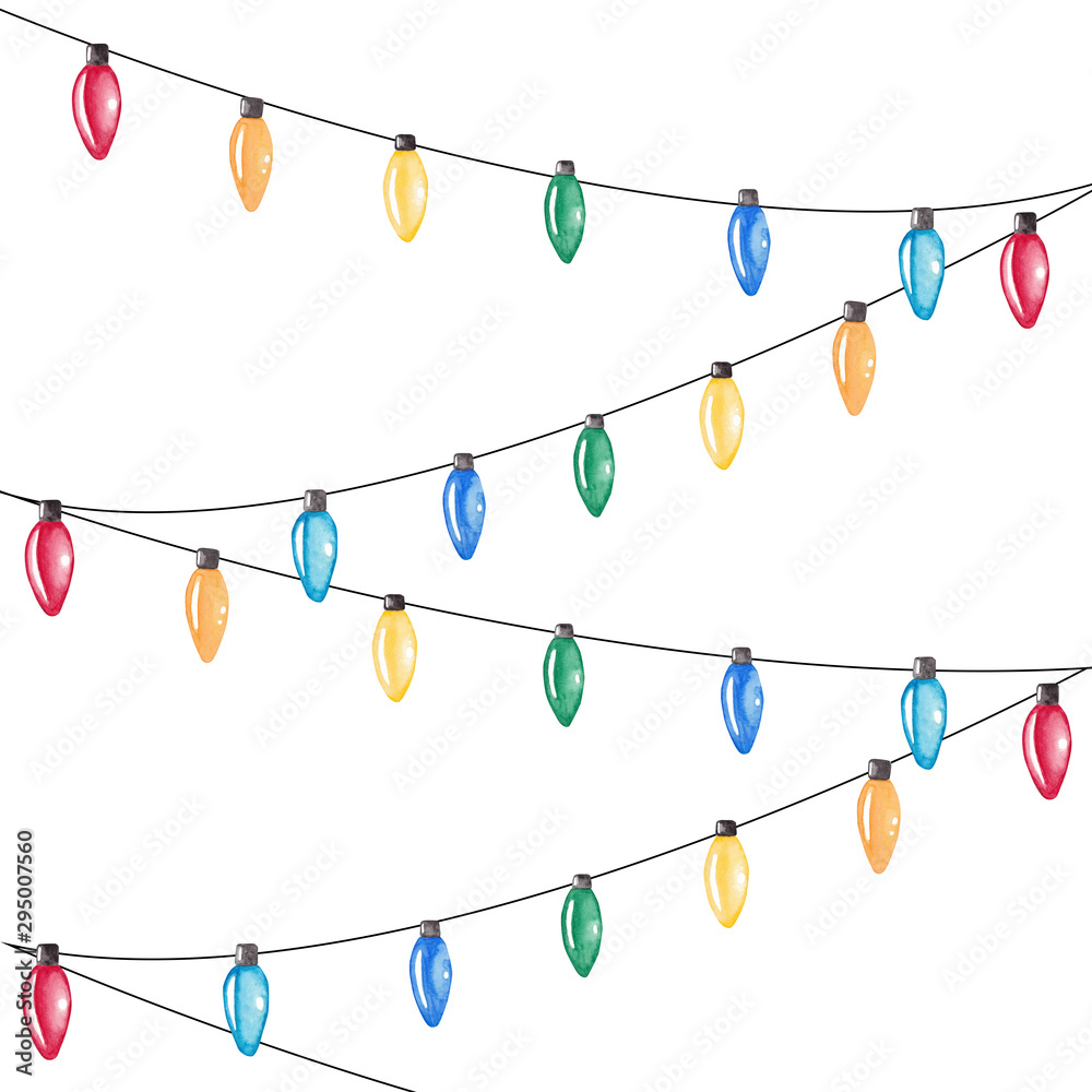 Watercolor Christmas lights. Colorful festive garlands. Hand drawn illustration for cards, posters, prints and other design. - obrazy, fototapety, plakaty 