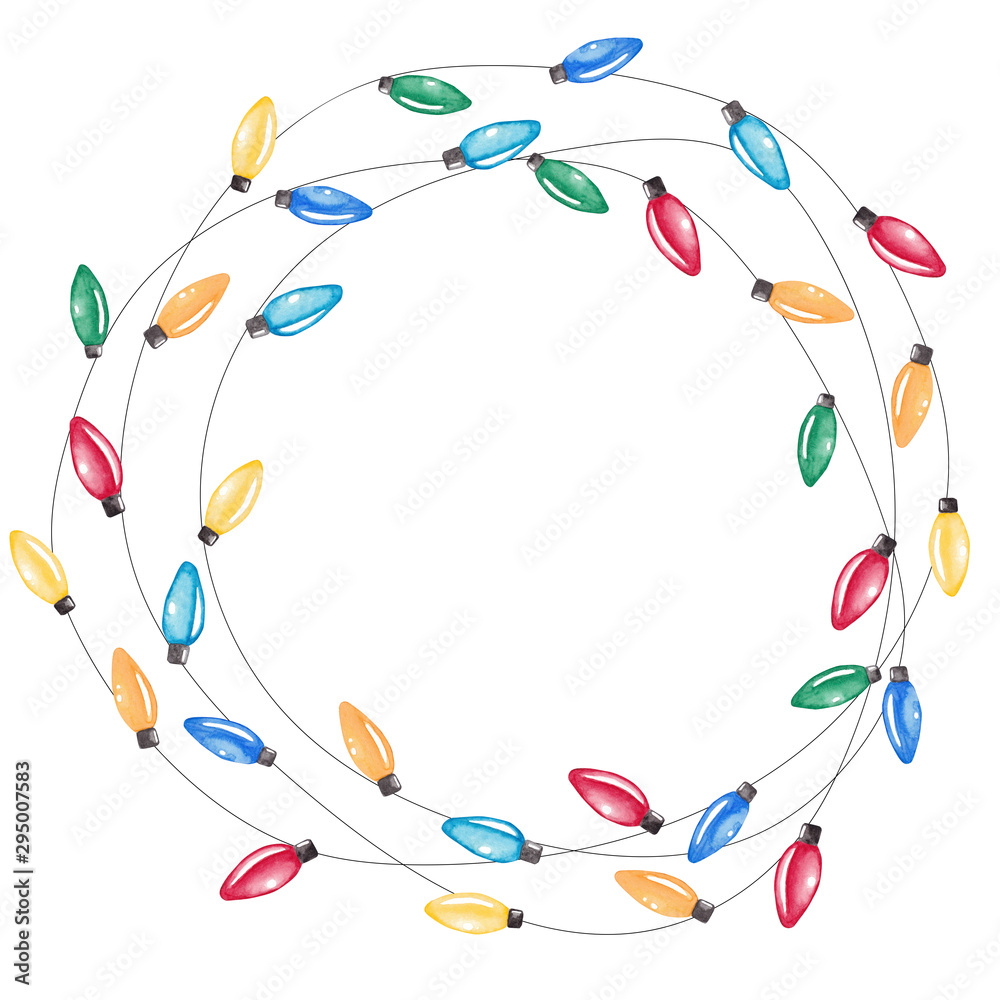 Watercolor Christmas lights. festive garlands. Hand drawn round frame illustration for cards, posters, prints and other design. Stock Illustration | Adobe