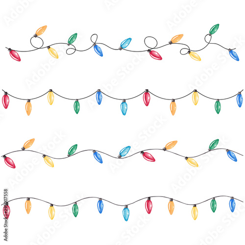 Watercolor Christmas lights. Colorful festive garlands. Hand drawn illustration for cards, posters, prints and other design.