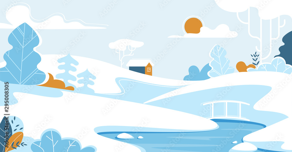 Winter Landscape with Lonely House or Chalet.
