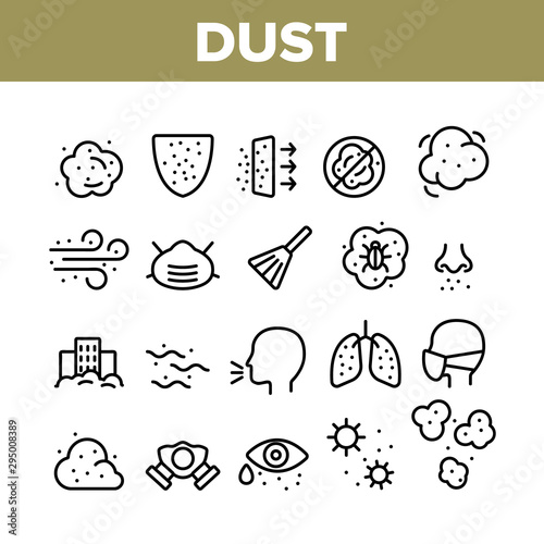 Dust And Polluted Air Collection Icons Set Vector Thin Line. Mask And Respirator, Lungs And Nose, Environment Pollution And Dust Concept Linear Pictograms. Monochrome Contour Illustrations