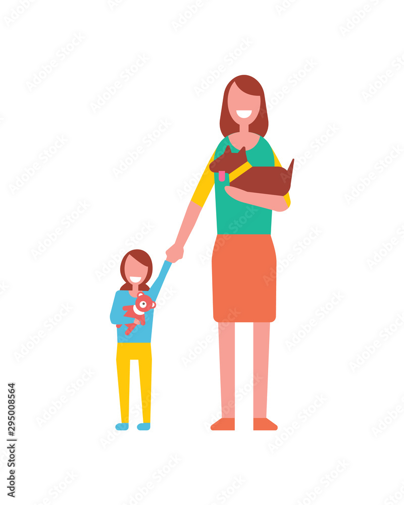 Mother walk with toddler girl playing with soft teddy bear, holding cute dog in hands. Motherhood concept vector illustration. Woman, kid and pet