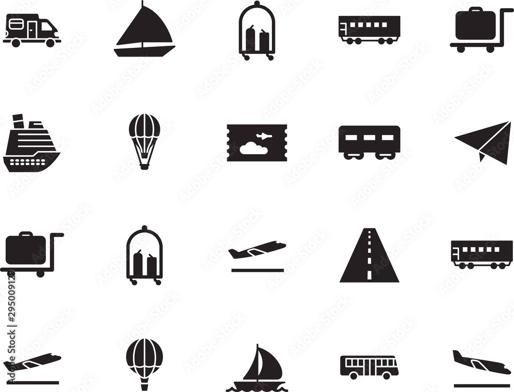 holiday vector icon set such as: automobile, home, trailer, roadside, tourist, arrive, ticket, side, origami, traveler, van, aeroplane, mail, avenue, drive, icons, public, highway, set, truck