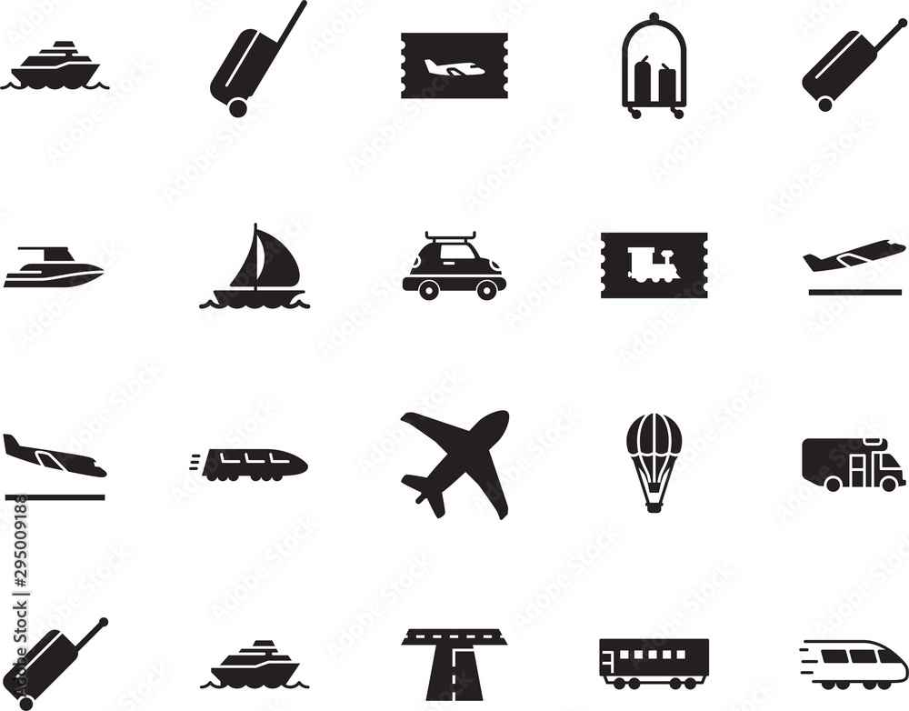 Obraz premium holiday vector icon set such as: asphalt, trolley, departures, box, trailer, road, abstract, silver, navigation, leisure, coupon, nautical, airliner, station, delivery, home, view, landing, hot, roof