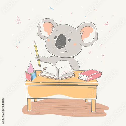 Lovely cute koala sits at a school desk with pencil and books. Series of school children's card with cartoon style animal.