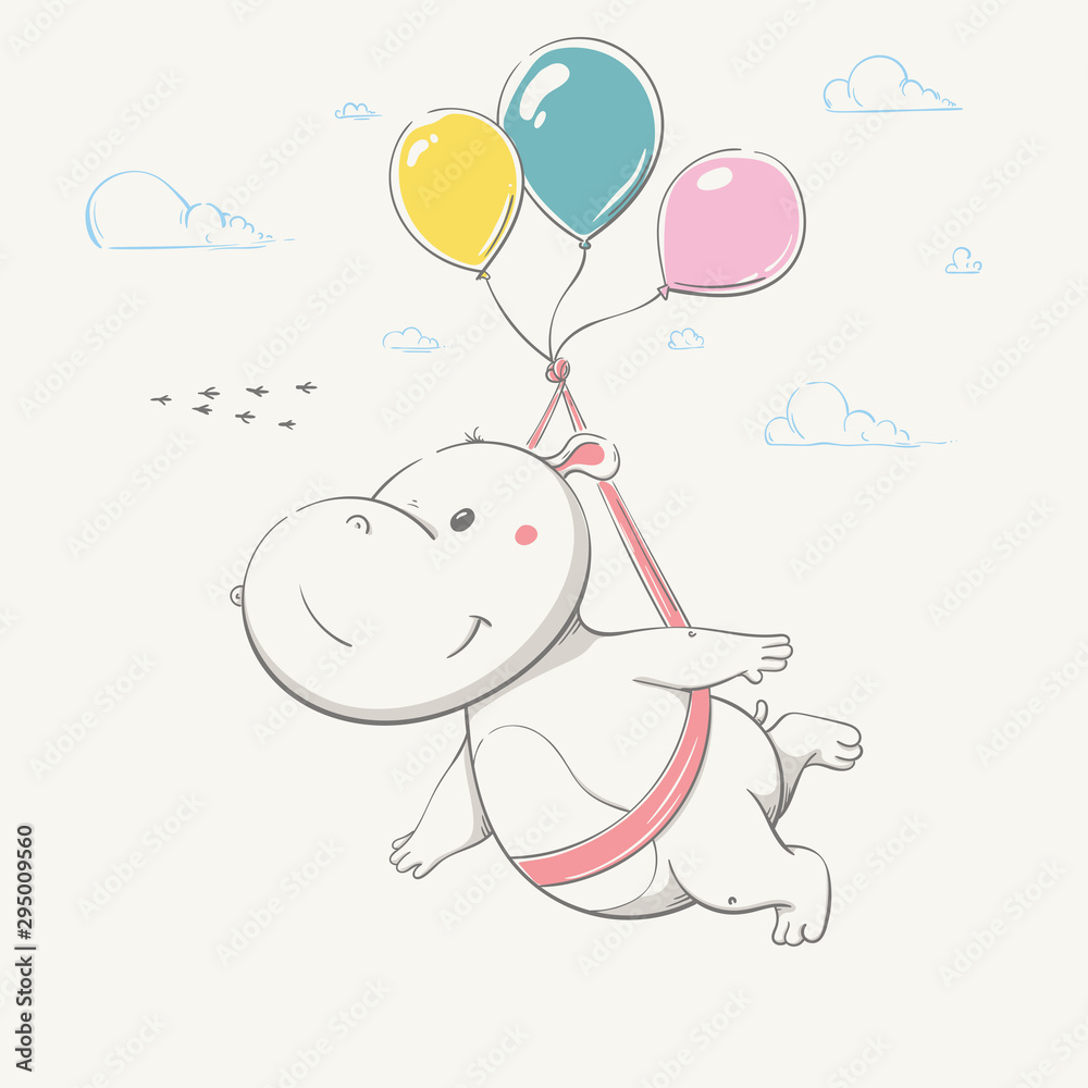 Lovely cute hippo flies in balloons after flock of birds. Series of school children's card with cartoon style animal.