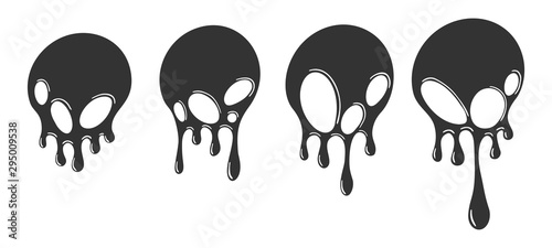 Dripping round paint with holes set  liquid ink splash and drops. Melted circle vector image.