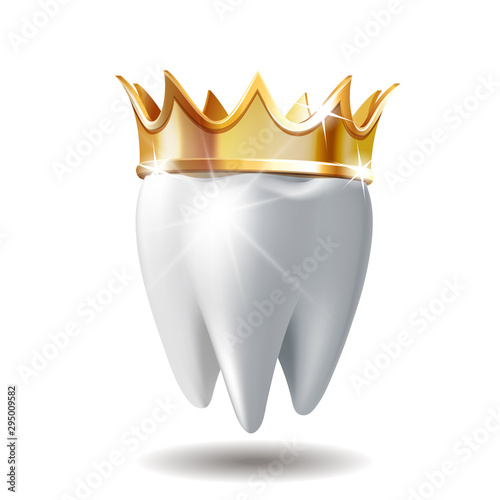 Realistic white Tooth in golden crown isolated on white
