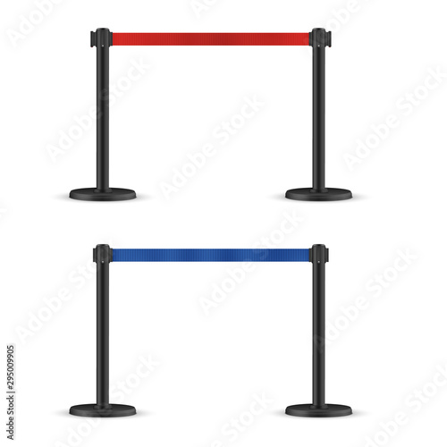 Retractable belt stanchion set. Portable ribbon barrier. Blue and Red fencing tape
