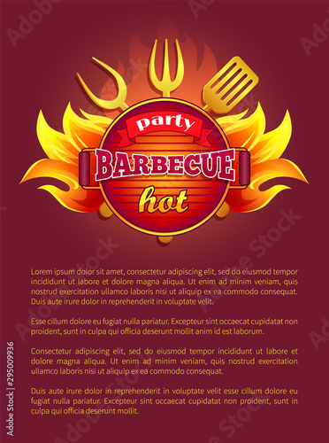 Party barbeque grill leaflet tools for grilling, fork and paddle, spatula and flame sparkles. Vector poster burning badge, text sample. Bbq container with coals