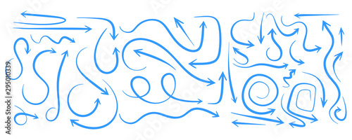 Hand drawn wavy arrows set, different directions symbols. Creative collections of pointers. Doodle and sketch style. Vector image.