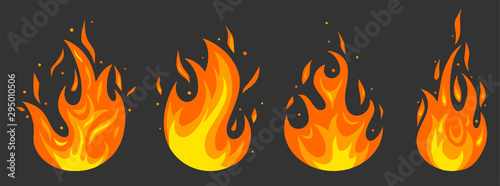 Set of different fires in cartoon style. Collection of red, orange flames. Danger situation and problems concept.