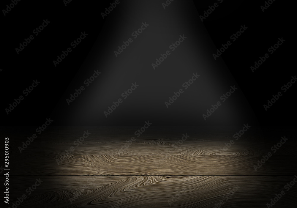 Obraz premium Wooden table on dark background, illuminated from above, free space for your products