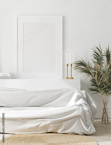 Mock up frame in cozy white home interior, Scandinavian style, 3d render