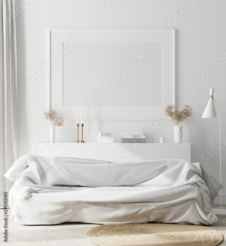 Mock up frame in cozy white home interior, Scandinavian style, 3d render